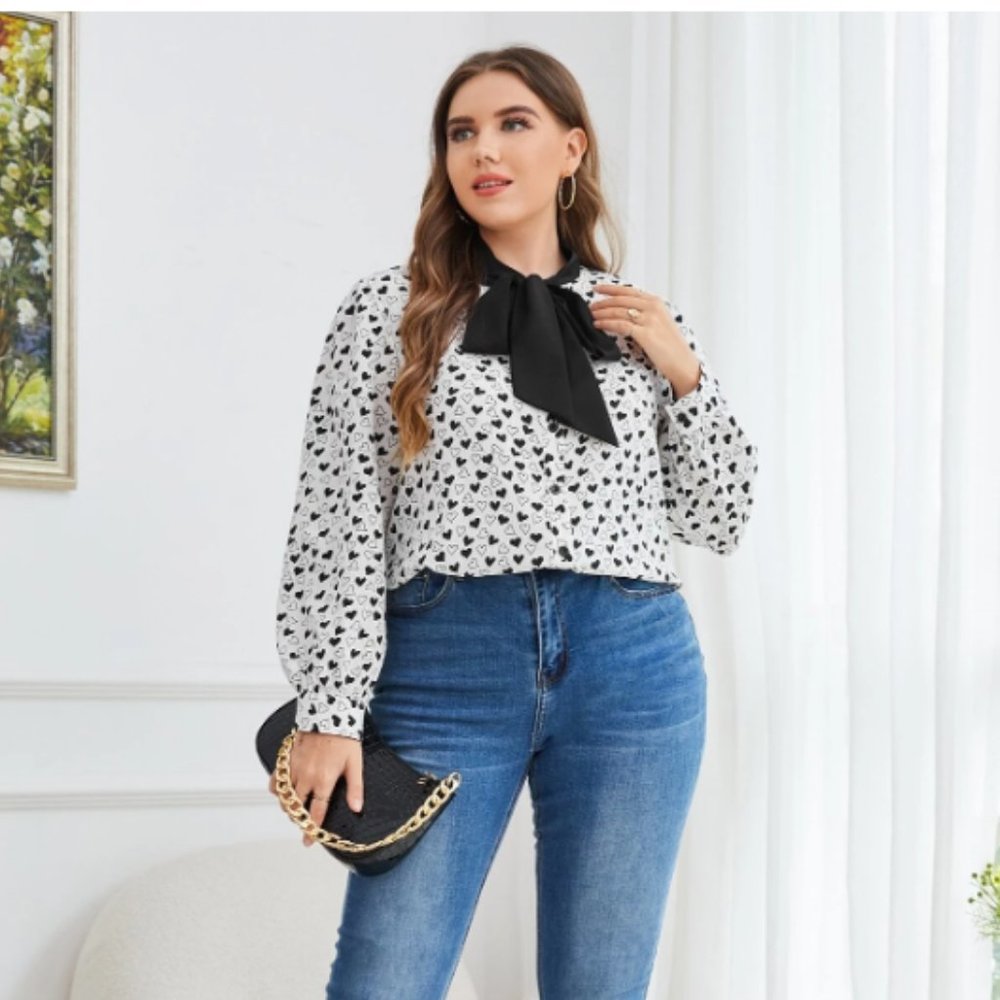 SHEIN Plus All Over Heart Print Tie Neck Blouse